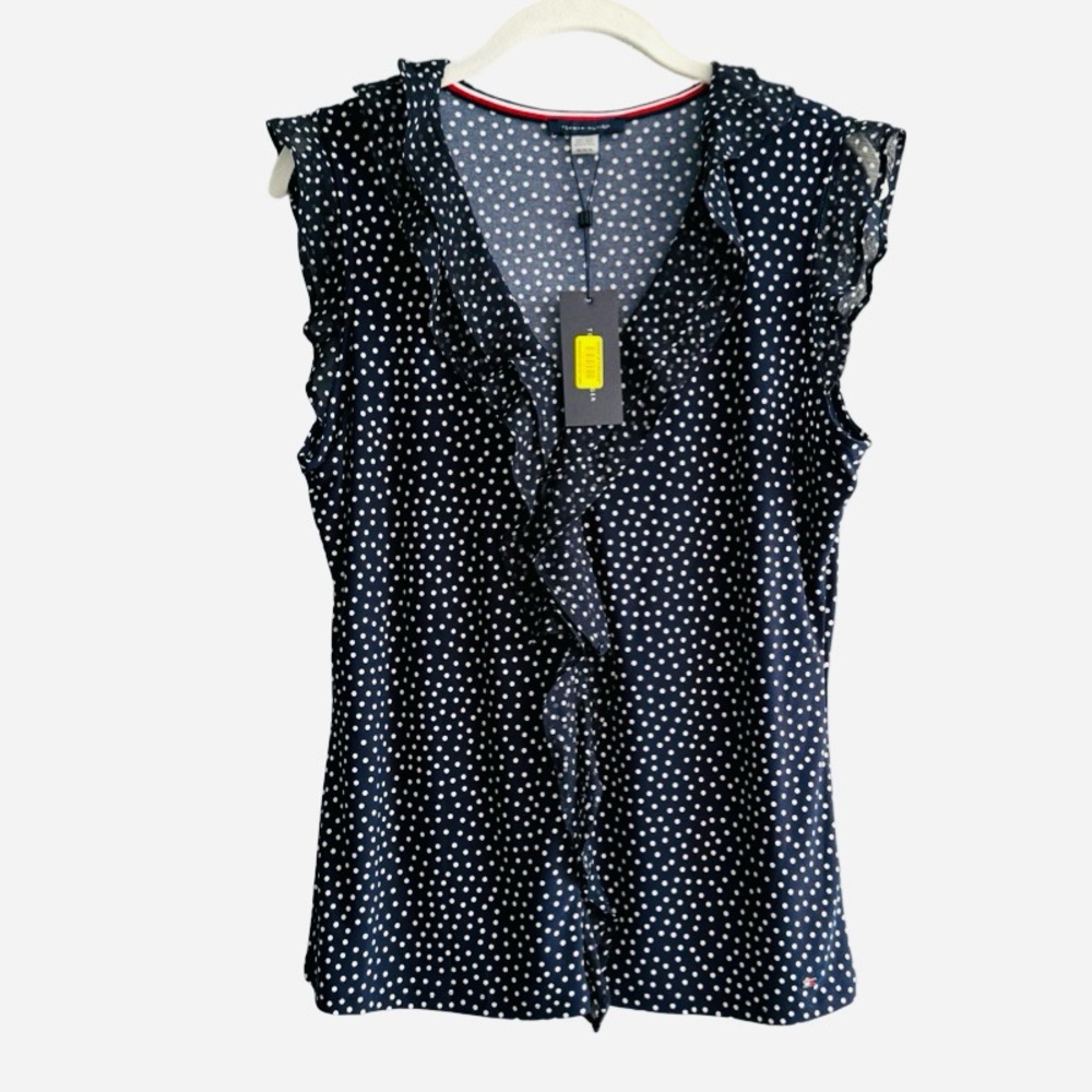 NEW Tommy Hilfiger Cascading Ruffle V-neck Blouse Polka Dot Navy Blue Size M - Picture 11 of 13